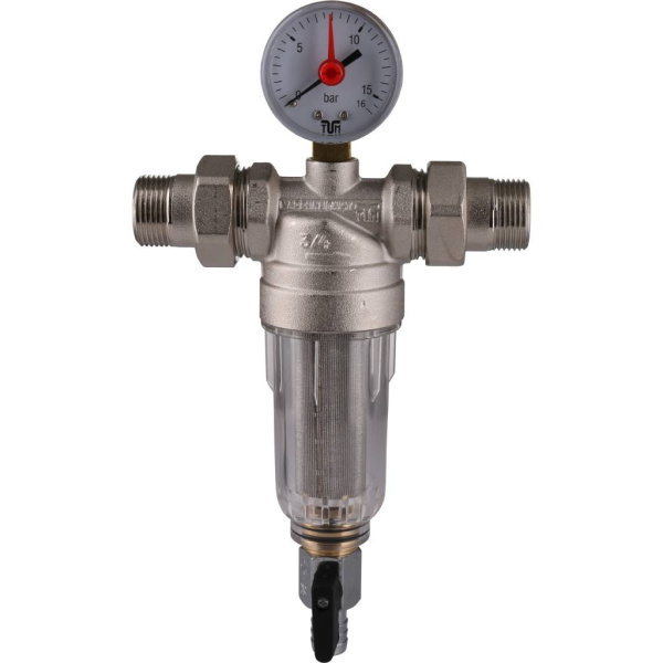 TIEMME 3/4 Фильтр с манометром со сгонами, с прозрачной пластиковой колбой, промывной