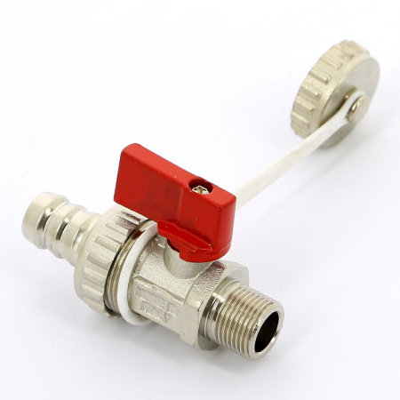 Кран шаровой сливной UNI-FITT НН 3/8 x 3/4 со штуцером и заглушкой, флажок красный металл, никелированный