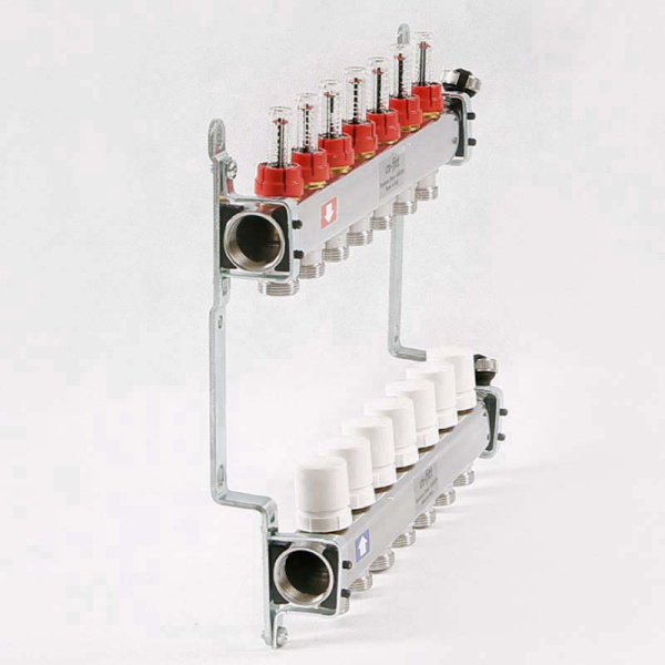 Коллекторная группа из нержавеющей стали с термостатическими вентилями и расходомерами UNI-FITT 1x3/4ЕК 7 выходов