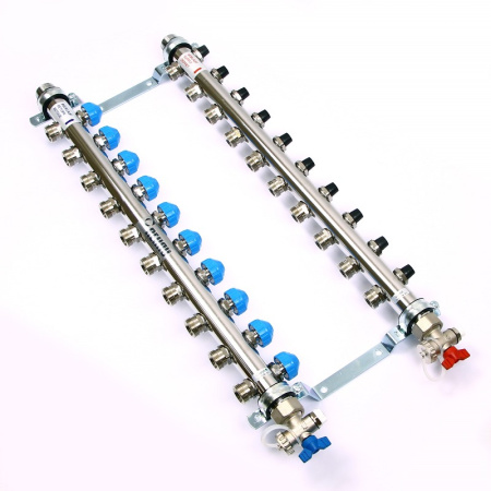 Коллекторная группа из нержавеющей стали с регулир. и термостатическими вентилями и расходомерами REHAU 1x3/4ЕК 10 выходов