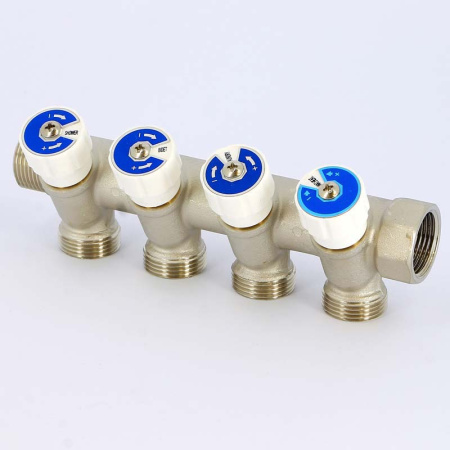 Коллектор НВ 3/4 с вентилями никелированный UNI-FITT 4 выхода 3/4ЕК 40мм