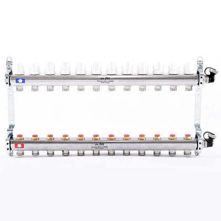 Коллекторная группа из нержавеющей стали с термостатическими вентилями и расходомерами UNI-FITT 1x3/4ЕК 13 выходов