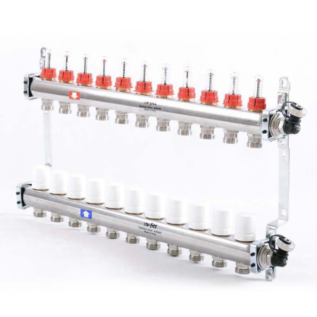 Коллекторная группа из нержавеющей стали с термостатическими вентилями и расходомерами UNI-FITT 1x3/4ЕК 11 выходов