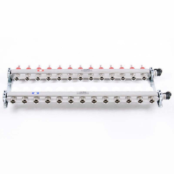 Коллекторная группа из нержавеющей стали с термостатическими вентилями и расходомерами UNI-FITT 1x3/4ЕК 13 выходов