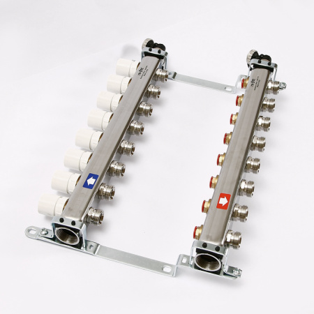 Коллекторная группа 1 Uni-Fitt 451A нерж. сталь 7 выходов 3/4 с регулировочными и термостатическими вентилями с авт.воздухоотводчиком