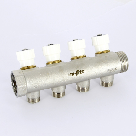 Коллектор НВ 1 с вентилями никелированный UNI-FITT 4 выхода 1/2Н 40мм под плоскую прокладку