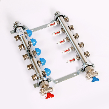 Коллекторная группа из нержавеющей стали с термостатическими вентилями и расходомерами REHAU 1x3/4 5 выходов